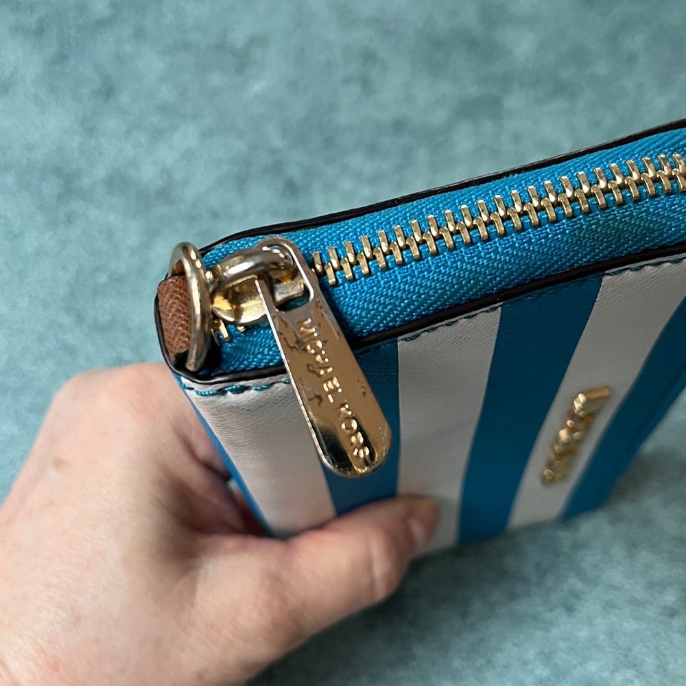MK Blue & White Stripe Leather Zip Around Wallet - Picture 3 of 7